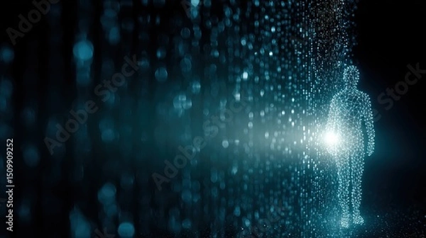 Fototapeta Digital Neural Network Forming a Human Silhouette with Falling Binary Code and Glowing Threads