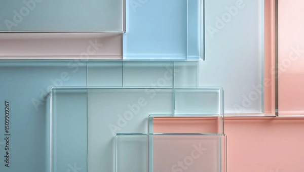 Fototapeta 4K abstract glass layers wallpaper, transparent overlapping panels with soft pastel backgrounds (sky blue, soft coral), clean frosted glass effect, elegant modern design, suitable for clean workspaces