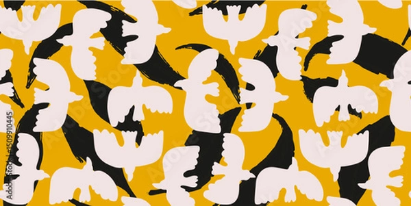 Obraz Birds in Flight on Yellow Texture Seamless Pattern