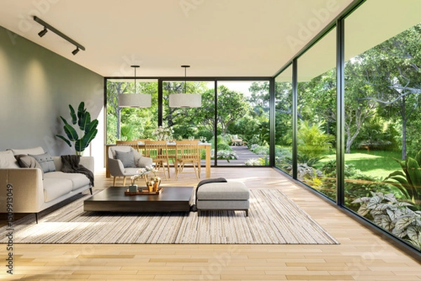 Fototapeta Modern contemporary style living and dining room with tropical green garden background 3d render