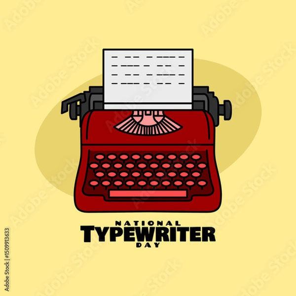 Obraz National Typewriter Day to celebrate on June 23rd. A red typewriter with bold text on bright yellow background.