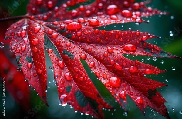Obraz vibrant red leaf with dew drops on a fresh morning