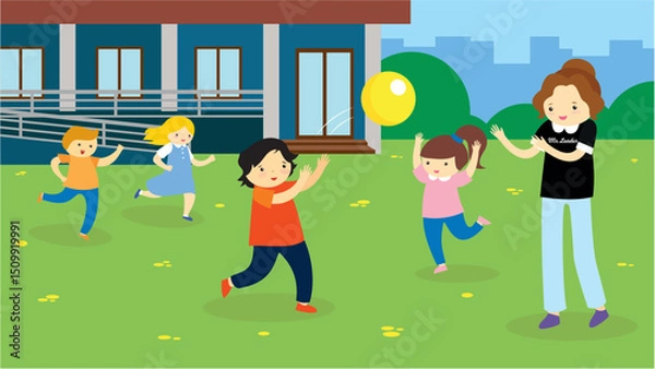 Fototapeta Children playing in the park. Vector illustration in flat cartoon style.