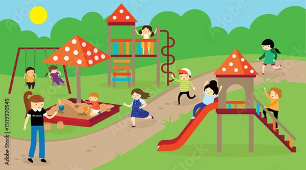 Fototapeta Children playing on the playground. Vector illustration in flat cartoon style.