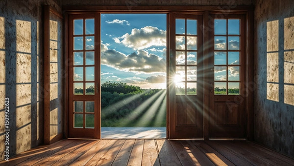 Obraz Open doors leading to green meadow with sun shining through at sunset