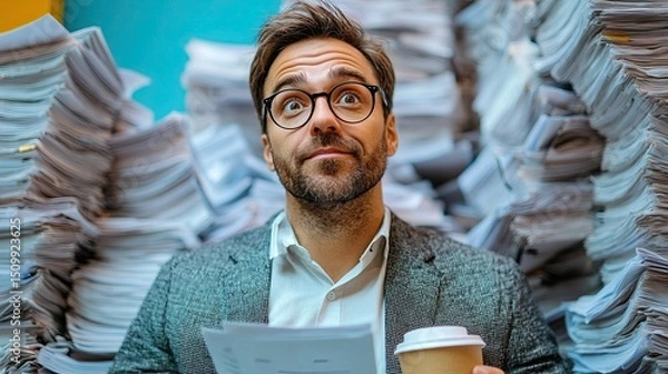 Fototapeta Drowning in paperwork A stressed man overwhelmed by endless documents coffee in hand under bright studio lights with a
