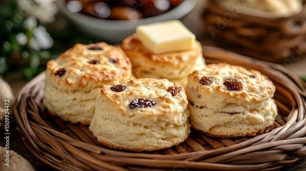 Fototapeta Enjoying Freshly Baked Scones with Butter on a Wicker Tray A Delicious Taste of Home and Comfort with soft diffused