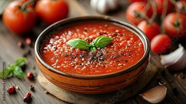 Fototapeta A comforting bowl of rustic tomato soup fragrant basil and pepper on a cozy wooden table perfect homemade meal with