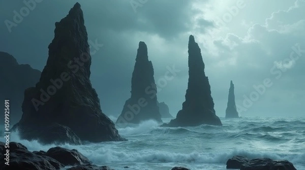 Obraz Dramatic Photo of Towering Basalt Sea Stacks Emerging from Stormy Waters