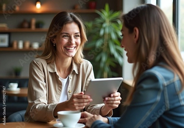 Fototapeta Happy real estate agent using digital tablet with her clients during consultations in office