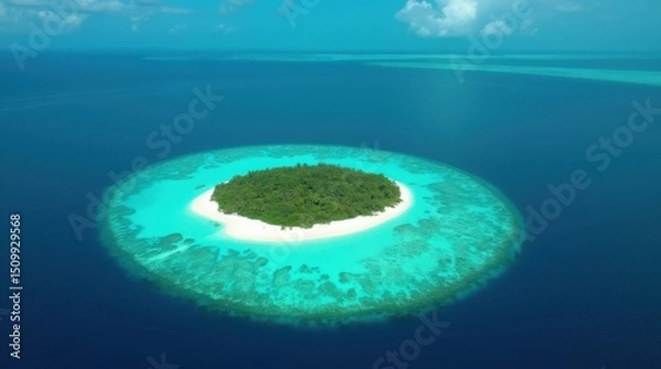 Obraz Stunning Aerial View of a Secluded Tropical Atoll Island in Turquoise Ocean
