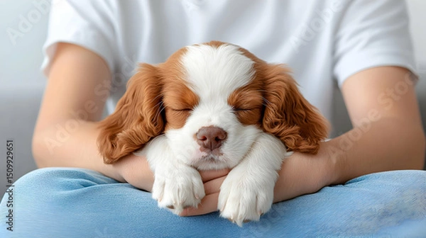 Fototapeta Closeup of a Sleeping Brown and White Puppy in Gentle Hands
