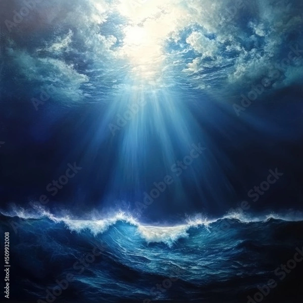 Fototapeta The bright sun is shining brightly through the clouds above the ocean