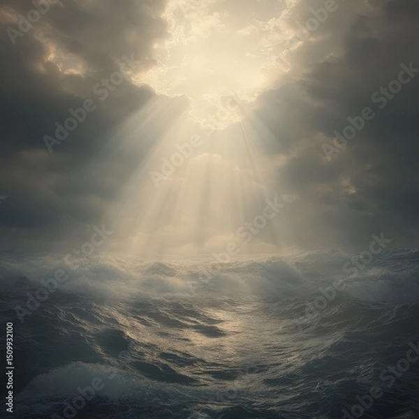 Fototapeta The bright sun is shining brightly through the clouds above the ocean