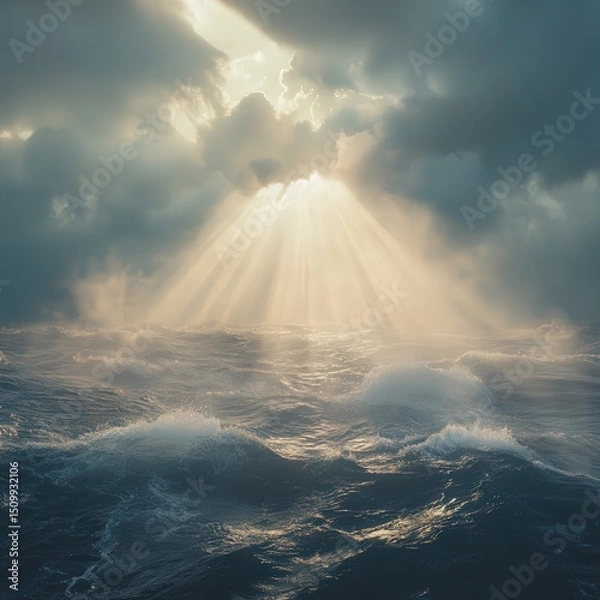 Fototapeta The bright sun is shining brightly through the clouds above the ocean