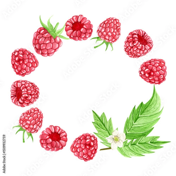 Obraz Watercolor raspberry wreath with ripe berries, green leaves, and white flower. hand-painted summer fruit frame on white background. round botanical composition for label, logo, or invitation design