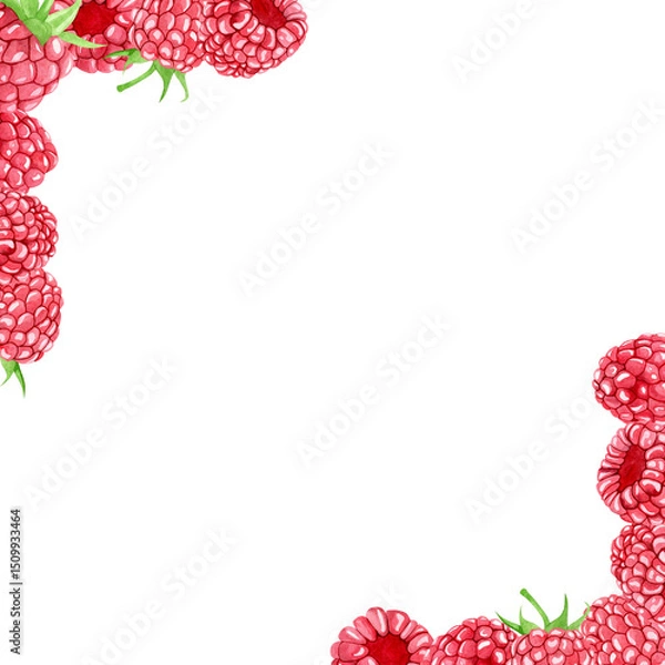 Obraz Watercolor raspberry square frame with ripe, juicy berries in the corners. Hand painted summer fruit frame on white background. Botanical composition for label, logo or invitation design