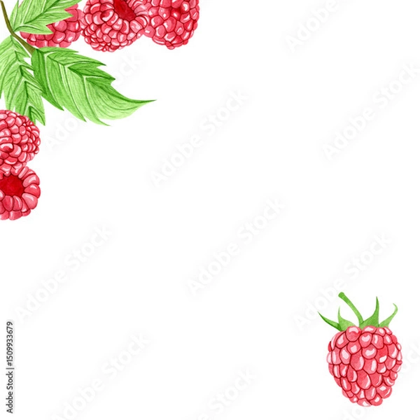 Obraz Watercolor raspberry square frame with ripe, juicy berries and leaves in one corner, and one raspberry in the other corner. Botanical composition for label, logo or invitation design