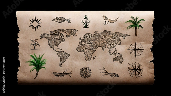 Fototapeta Vintage World Map Illustration with Desert Animals and Palm Trees