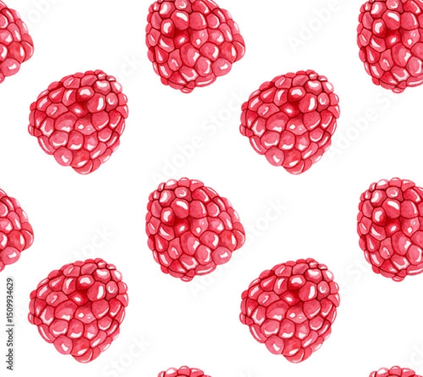 Obraz Seamless watercolor pattern with ripe raspberries. Botanical illustration on white background. Suitable for background, fabric, invitations and labels.