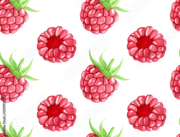 Obraz Seamless watercolor pattern with ripe raspberries with and without stems. Botanical illustration on white background. Suitable for background, fabric, invitations and labels.