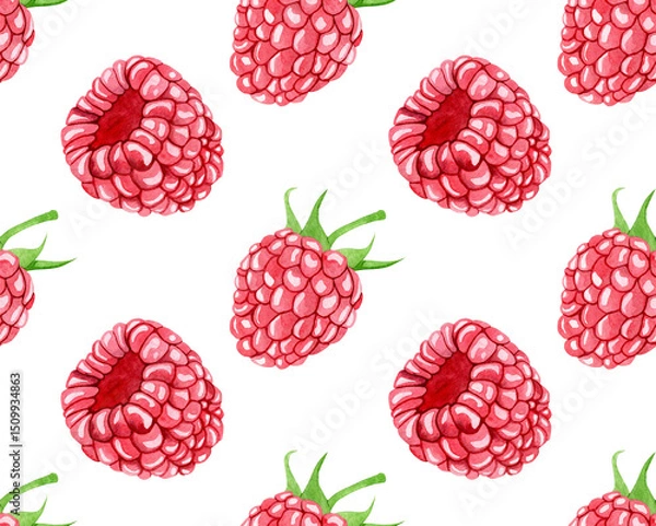 Obraz Seamless watercolor pattern with ripe raspberries with stems. Botanical illustration on white background. Suitable for background, fabric, invitations and labels.