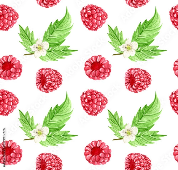 Obraz Seamless watercolor pattern with raspberry berries and raspberry leaves with flowers. Botanical illustration on white background. Suitable for background, fabric, invitations and labels.