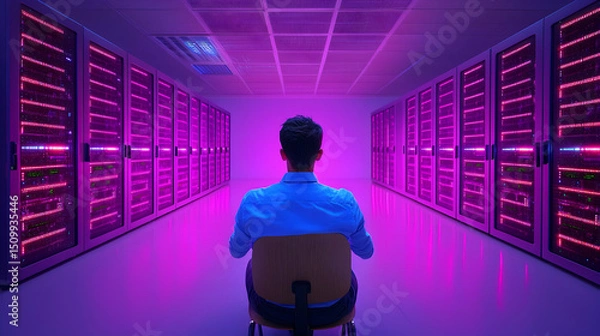 Fototapeta Man Sitting in a Data Center with Rows of Servers Illuminated by Purple Light