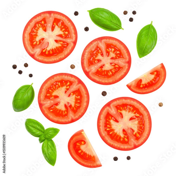 Obraz Fresh tomato slices, basil leaves, and peppercorns arranged in a flat lay style