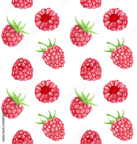 Obraz Seamless watercolor pattern with bright and juicy raspberries with stems. Botanical illustration on white background. Suitable for background, fabric, invitations and labels.