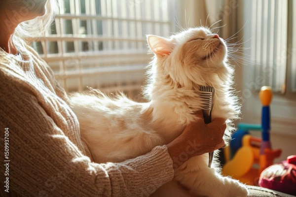 Obraz Fluffy white cat being gently groomed with a comb by a person in a cozy indoor setting, sunlight streaming through the window, creating a warm and inviting atmosphere of relaxation. Pet care concept.