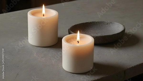 Fototapeta Minimalistic Scene with Two Lit White Candles in a Serene Setting