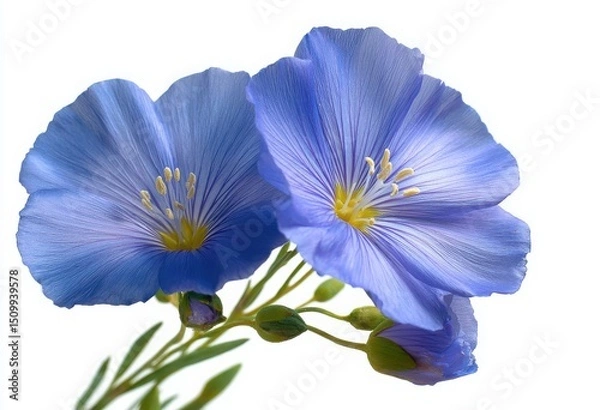 Obraz Two Delicate Blue Flax Flowers Blooming Isolated on White Background Botanical