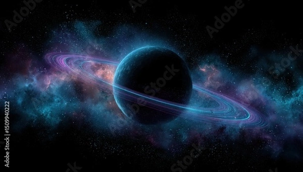Obraz Majestic Ringed Planet in Vibrant Nebula Cosmic Space Scene