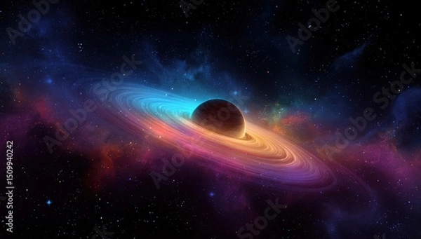 Obraz Vibrant Cosmic Planet with Rings in a Nebula Space Background Stunning Celestial Artwork