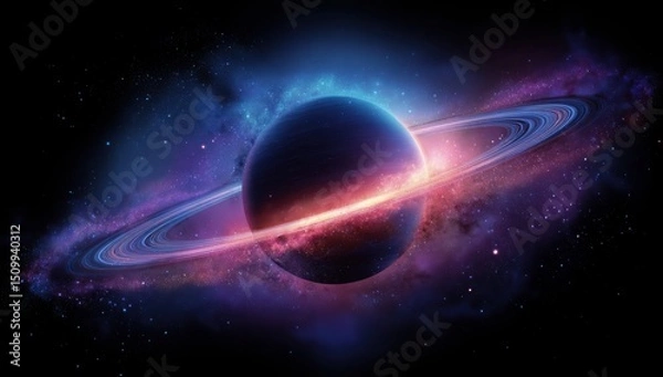 Obraz Majestic Ringed Planet in Vibrant Nebula Cosmic Space Scene