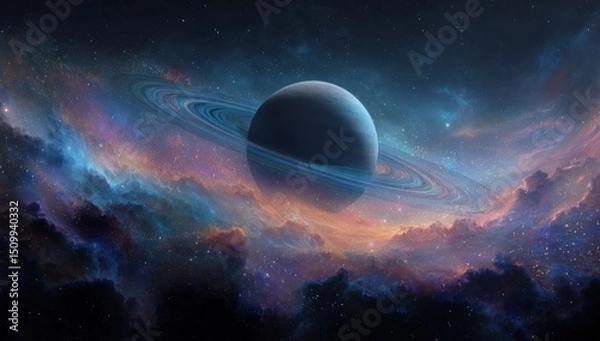 Obraz Majestic Ringed Planet in Vibrant Nebula Cosmic Space Scene Stunning Astronomy Artwork