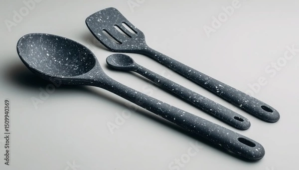 Obraz Stylish Dark Grey Speckled Silicone Kitchen Utensils Set Spoon Spatula and Teaspoon