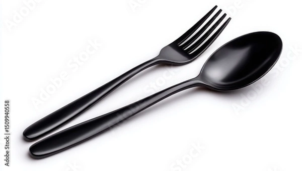 Obraz Elegant Black Spoon and Fork Set Isolated on White Background for Restaurant Menu Design
