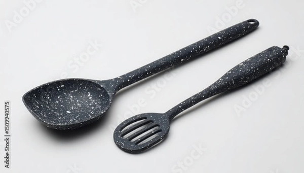 Obraz Elegant Dark Gray Granite Kitchen Utensils Set Serving Spoon and Slotted Spatula