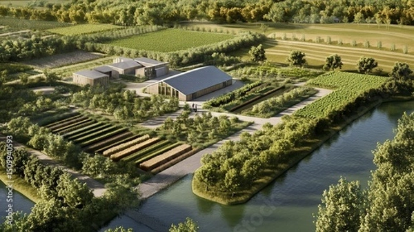 Obraz Aerial view showcases modern farm architecture harmonized with nature's bounty
