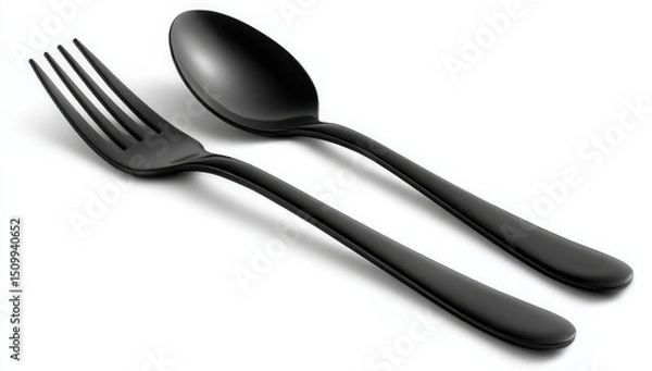 Obraz Elegant Black Spoon and Fork Set Modern Cutlery for Dining
