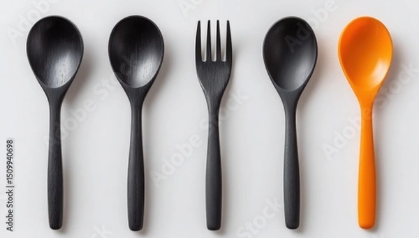 Obraz Stylish Black and Orange Wooden Spoons and Fork Set Flat Lay Kitchen Utensils