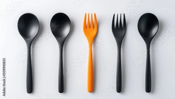 Obraz Stylish Black Spoons and Orange Fork on White Background Kitchen Utensils Flat Lay