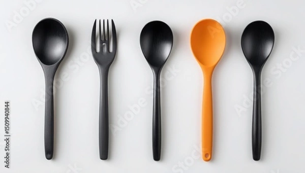 Obraz Stylish Black and Orange Kitchen Utensils Spoons and Fork Set on White Background