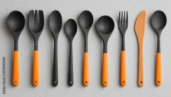 Obraz Stylish Black and Orange Kitchen Utensils Set Spoons Spatula Fork Knife Cooking Tools Flat Lay