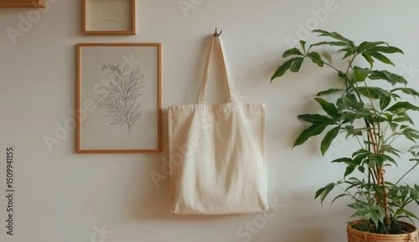 Obraz Cream colored cotton tote bag hanging on a wall next to framed botanical art and a houseplant