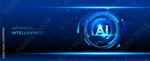 Fototapeta Ai artificial intelligence technology with futuristic rings and light effects on dark blue background for presentation