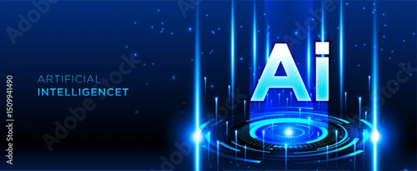 Fototapeta Dark blue AI artificial intelligence technology background with futuristic rings and light effects for presentation