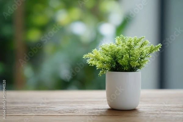 Obraz Small Green Plant in White Pot on Wooden Table by Window Tranquil Home Decor